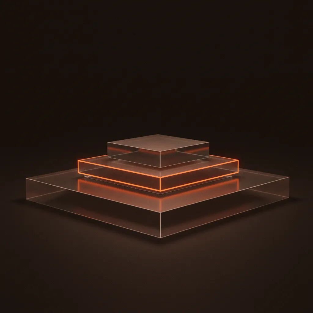 Três camadas geométricas ascendentes representando planos